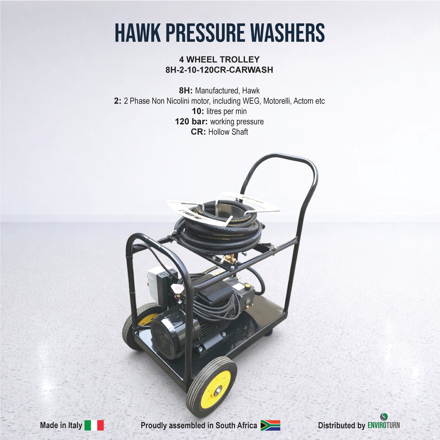 Hawk Single Phase Pressure Washer - 4 Wheel Trolley Unit